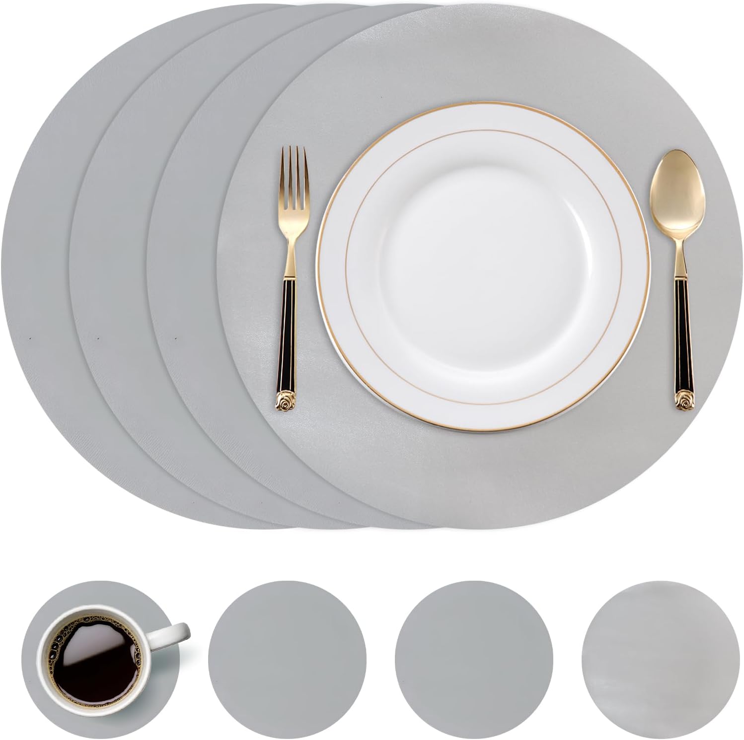 Tischset: abwaschbar, rutschfest, aus PU-Leder, für Party und Festival, 4er Set, 38 cm, grau