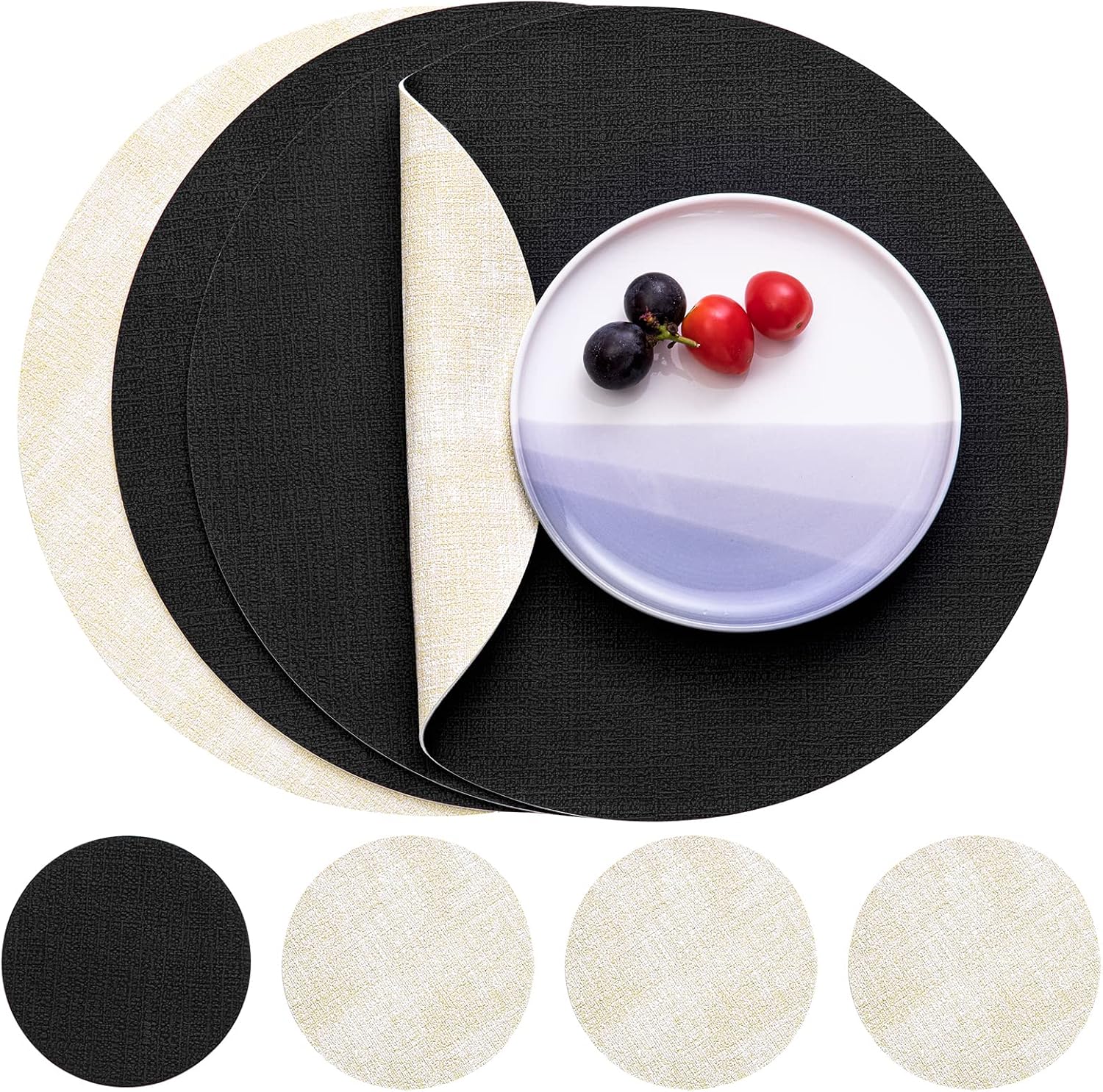 Tischset: abwaschbar, rutschfest, aus PU-Leder, 4er Set, 36cm, schwarz