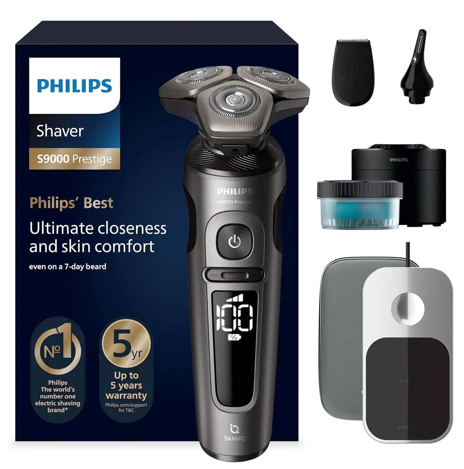 PHILIPS S9000 Prestige Rasierer, Wet & Dry, Gold, mit SkinIQ, Tragetasche, kabelloses Ladepad, Präzisionstrimmer, Nasenhaartrimmer, Reinigungsstation, SP9882/36