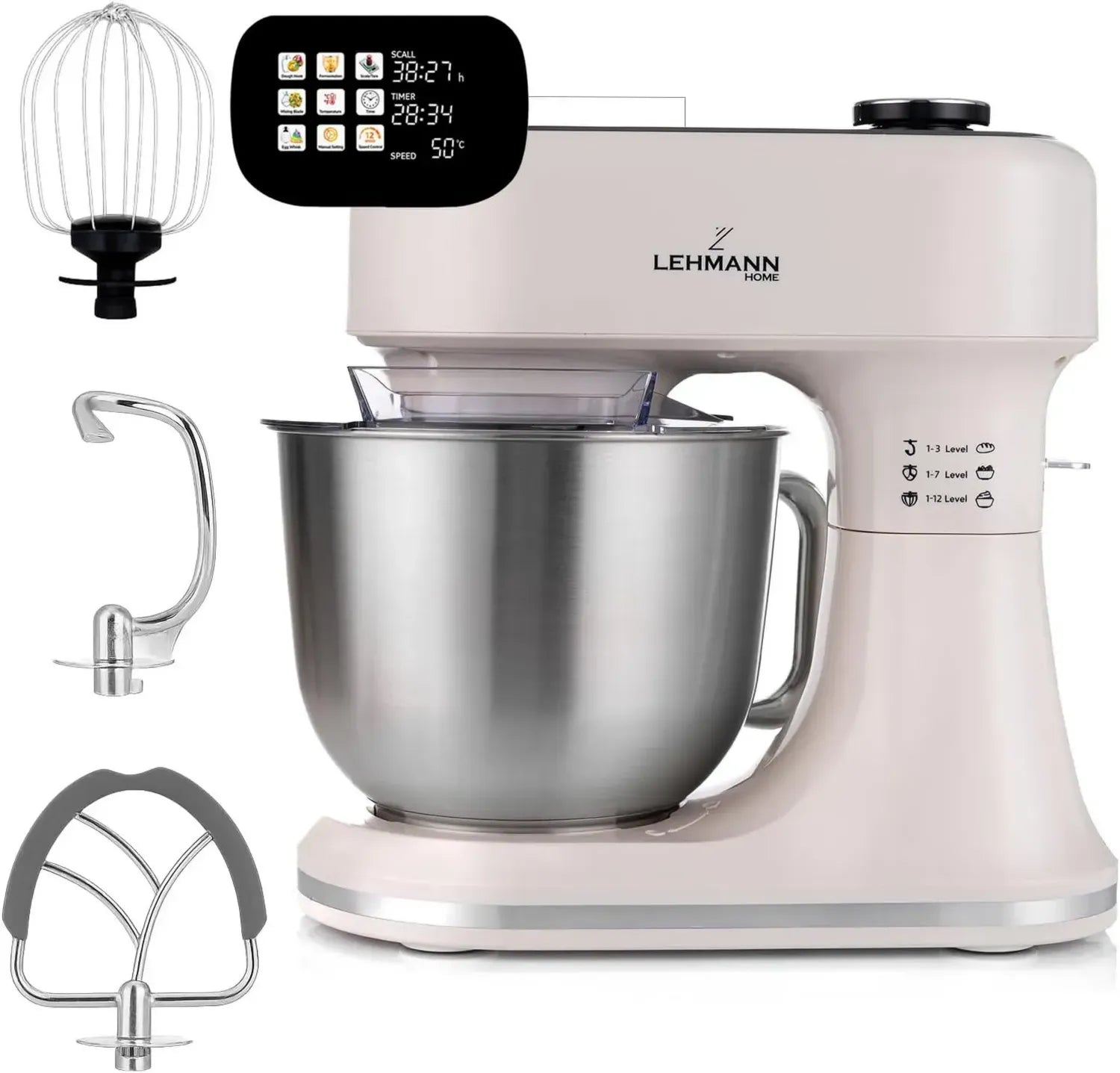 LEHMANN Multifunktionale Küchenmaschine, 1500W, 12 Stufen, Fermentations- und Heizfunktion, Waage & Timer, 5L Schüssel, Beige